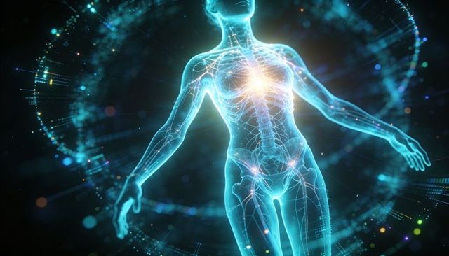 Showing Translucent Female Hologram Displaying Ribcage and Spine with Glowing Chest Core