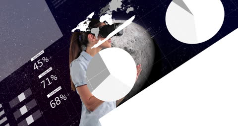 Caucasian Woman Experiencing Virtual Reality with Data Visualizations