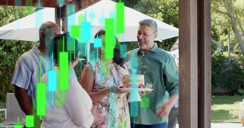 Backyard birthday celebration holding cake with candlestick stock chart overlay for finance