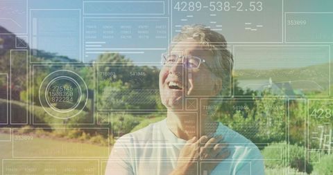 Senior Man in Vineyard with Futuristic Technology Interface