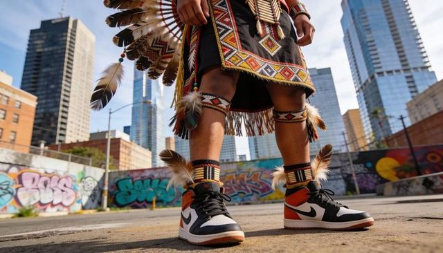Indigenous dancer striding in beadwork and feather bustle with sneakers amid urban graffiti
