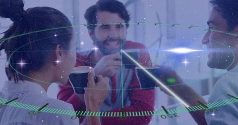 Teams engaging in office with holographic compass overlay