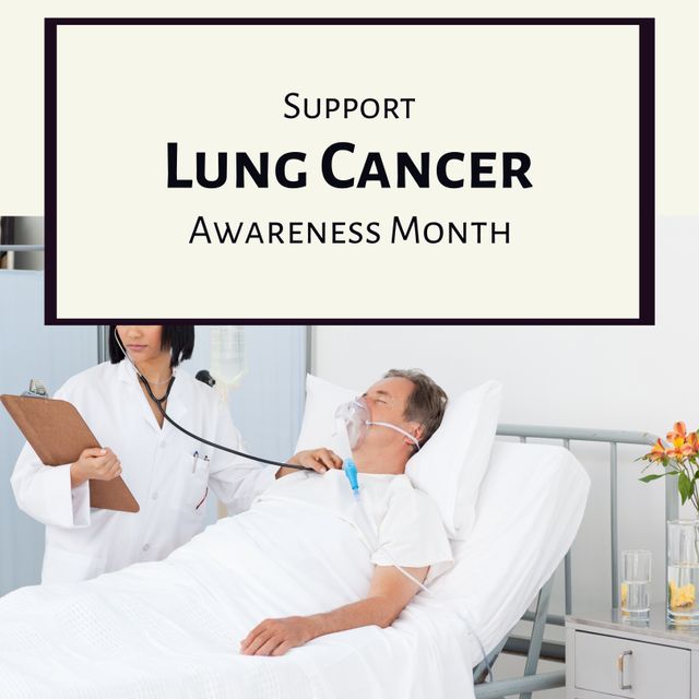 Image of lung cancer awareness month over asian female doctor and caucasian senior patient. Health, medicine and cancer awareness concept.