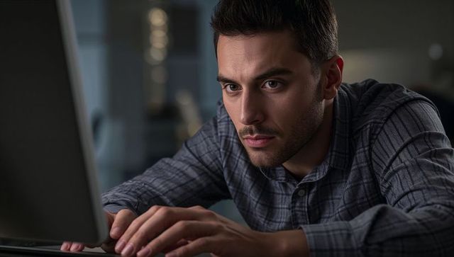 Man Working Late on Laptop Focusing Intensely at Home Desk Under Low Light with Keyboard and Bokeh