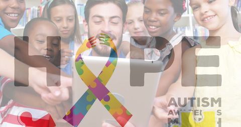 Celebrating Autism Awareness with Kids Using Tablet in Classroom