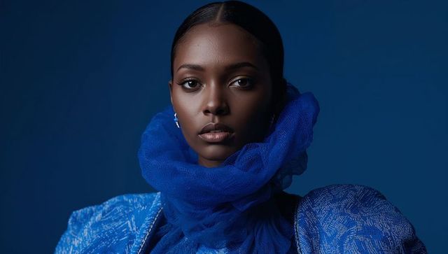 Elegant female model in royal blue fashion against studio backdrop