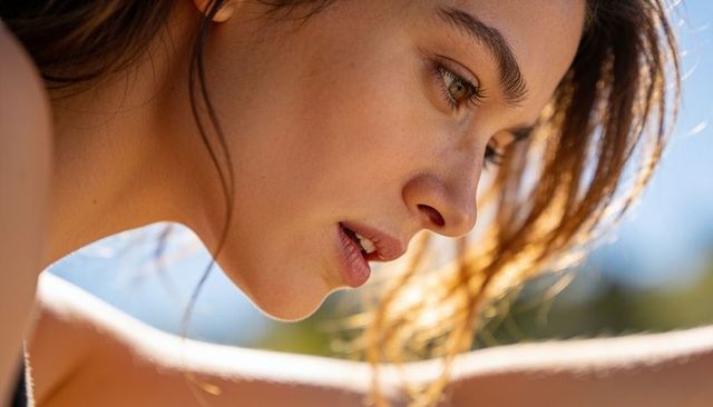 Sunlit closeup portrait of woman tilting head and looking down with backlit hair, soft bokeh
