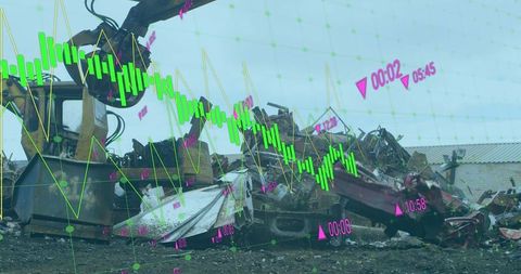 Scrapyard machinery overlaid with financial chart graphs