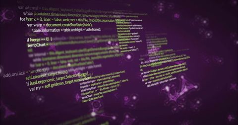 Deep purple cyberspace with floating programming code blocks and glowing neural mesh