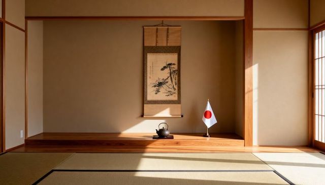 Minimalist Japanese tokonoma displaying pine kakemono, tetsubin and Japanese flag