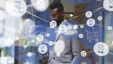 Businessman Using Smartphone with Digital Network Overlays