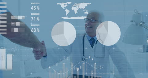Senior Doctor Shaking Hands with Patient Against Financial Graphs Background