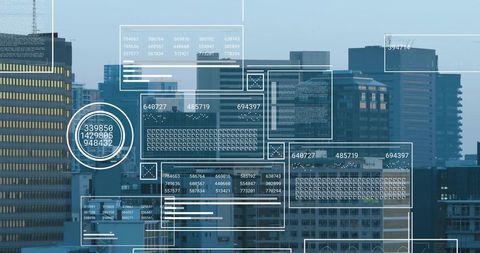 Futuristic technology ui overlays across city skyline