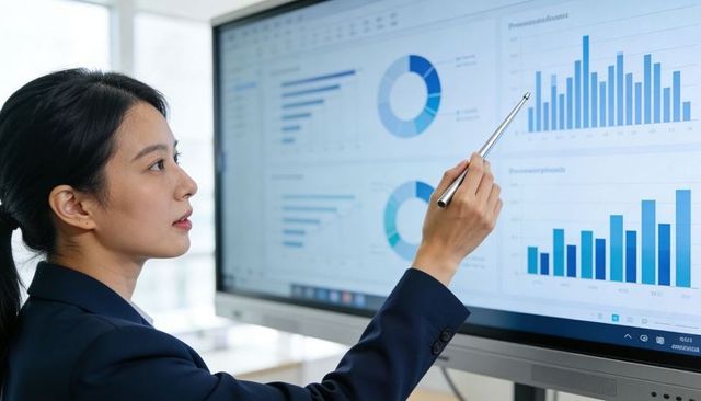 Asian businesswoman pointing at rising bar on touchscreen presenting analytics dashboard