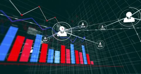 Network-driven finance dashboard showing 3d bar chart, connecting avatars and real-time analytics