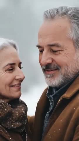 Senior Couple Embracing and Smiling in Snowy Woodland Vertical Video Conveying Warm Winter Bond