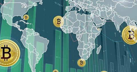 Global bitcoin network visualizing cryptocurrency markets with world map and trading charts