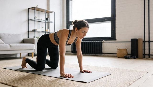 Woman performing tabletop yoga exercise on mat in bright minimalist living room for core strength