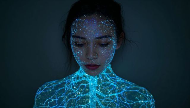 Asian woman receiving cyan-blue neural projection mapping across face and torso