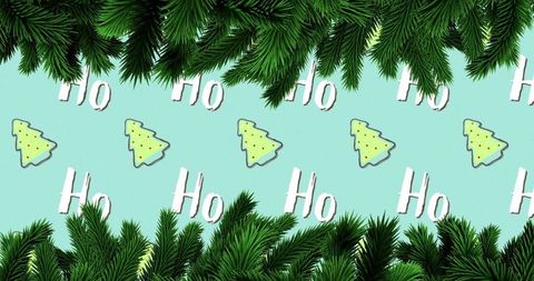Teal christmas pattern with ho text and stylized tree icons framed by fir branches