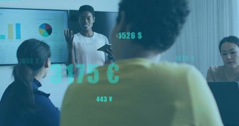 Presenting leader guiding diverse team through financial dashboard and currency analytics