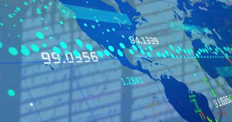 Translucent map overlay with data points in modern office