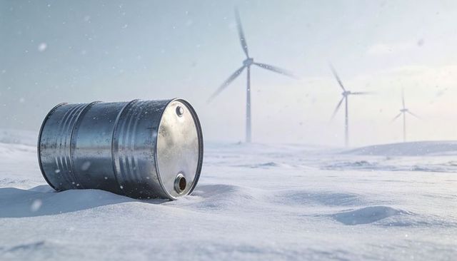 Weathered steel oil drum resting in snow with wind turbines spinning on horizon