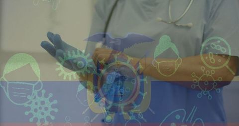 Healthcare Professional Preparing Gloves with Medical Icons Overlay