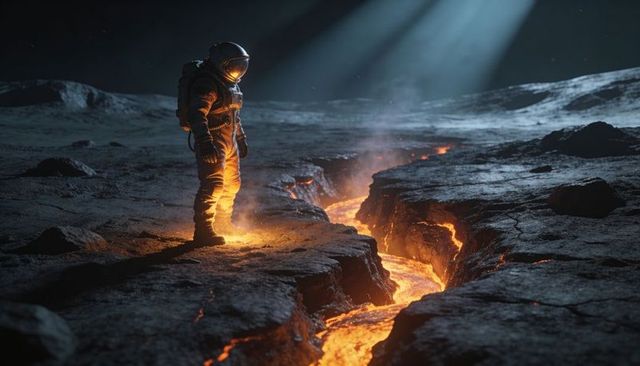 Helmeted astronaut standing near molten lava fissure on cratered alien plain at night
