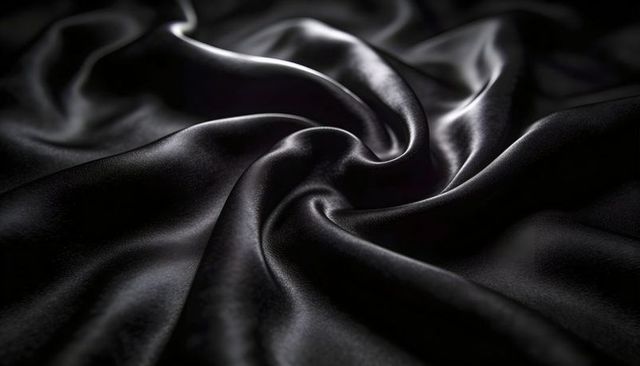 Shimmering black satin swirl creating luxurious glossy silk sheen and smooth draped texture