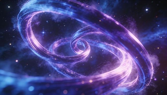 Twisting luminous double-helix ribbons forming figure-eight through cosmic nebula with glow trails