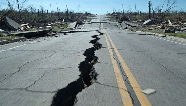 Massive fissure cracking two-lane asphalt road through devastated neighborhood