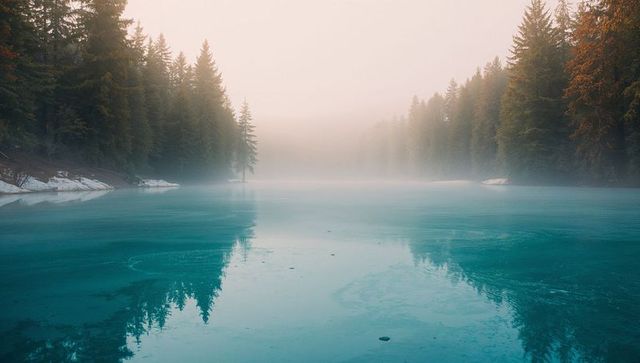 Tranquil Misty Lake Surrounded by Evergreen Forests in Azure Morning Light