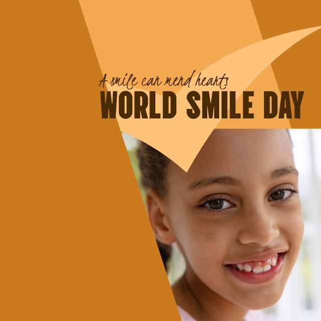 Composite of world smile day text and biracial girl smiling over pattern on brown background. Smiling, happiness and facial expression concept digitally generated image.