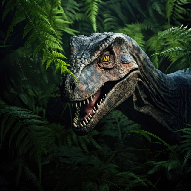 Realistic-rendered velociraptor amidst dense jungle ferns. Suitable for educational materials about dinosaurs, promotions for natural history museums, or illustrations in books and media featuring prehistoric wildlife.