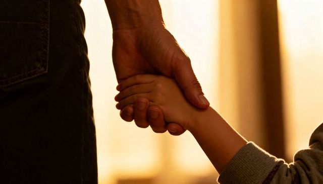Parent and child holding hands in golden backlight conveying trust and tender bond