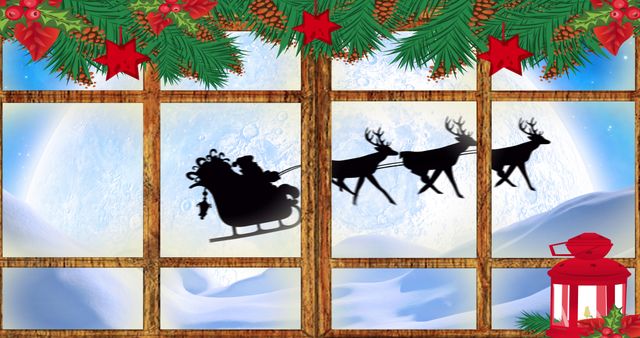 Silhouette of Santa Claus on sleigh pulled by reindeer seen through wooden-framed window with Christmas decorations. Snowy landscape and large moon in background complete the festive feel. Ideal for holiday-themed marketing, greeting cards, decoration designs, and celebratory event promotions.