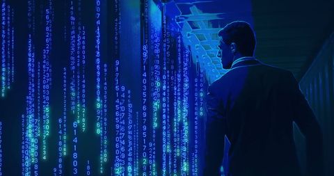 Businessman Analyzing Digital Data Code Overlays in Server Room - Download Free Stock Images Pikwizard.com
