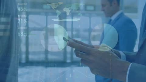 Businessman Using Smartphone with Digital Infographic Overlay