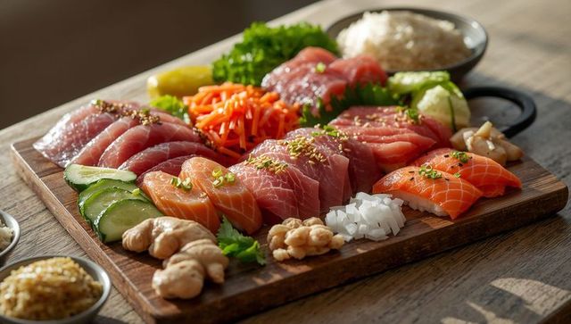 Assorted sashimi and nigiri platter on rustic wooden board with rice and fresh garnishes