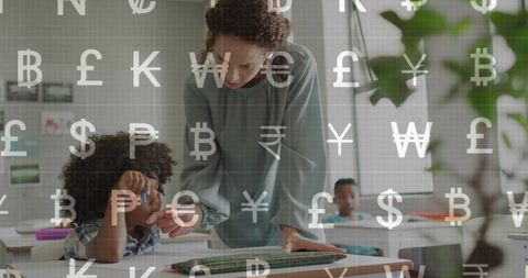 Teacher guiding young student at desk with tablet and pencil overlaid currency symbols
