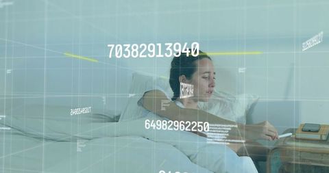 Sick Woman Coughing in Bed with Digital Data Overlay