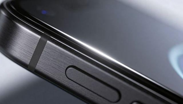 Close-up premium smartphone edge with brushed aluminum, curved glass and indicator light