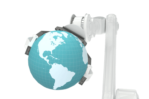 Robotic arm moving transparent globe for global innovation
