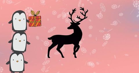 Festive penguins and reindeer on snowy pink background