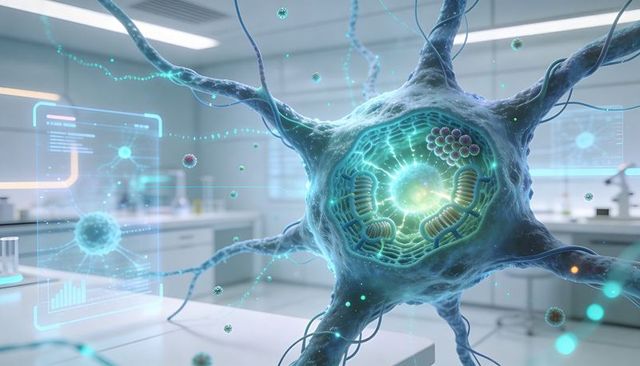 Glowing 3D neuron with holographic interface and mitochondrial detail for neuroscience