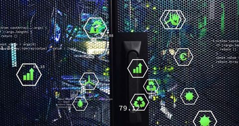 Futuristic Data Center Server Rack with Energy and Code Icons