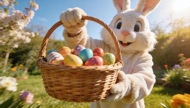 Easter bunny presenting basket of colorful eggs in sunny spring garden