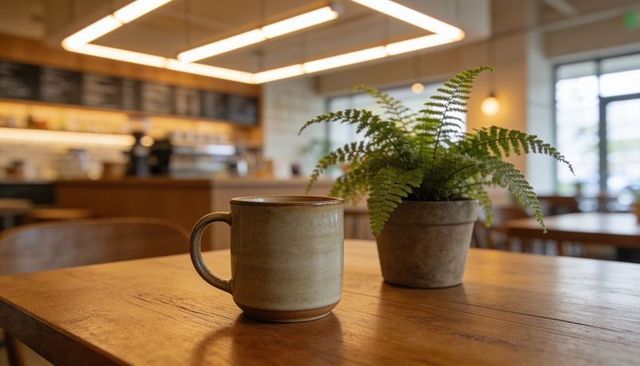 Speckled ceramic mug with potted fern on wooden table in cozy coffee shop interior
