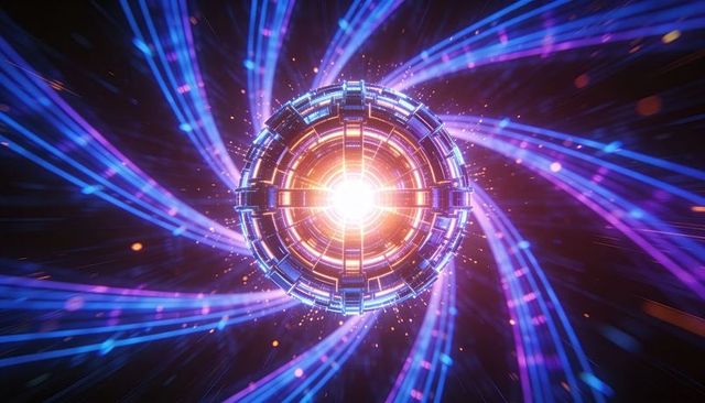 Pulsing fusion core emitting neon energy with spiraling blue-purple plasma trails